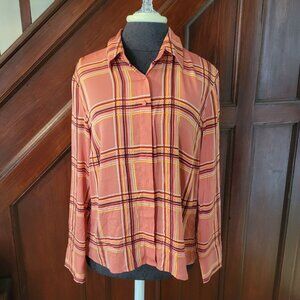 Talbots Petites Stretch Silk Plaid Button-Up Shirt Size 14
